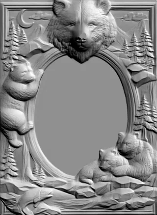 3D-Modell eines Basreliefs "Bärenfamilie im Wald" mit ovalem Medaillon, das Bären zwischen Bäumen und Bergen darstellt.