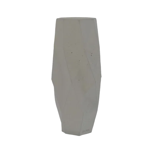 A 3D model of a tall, faceted geometric vase with a concrete-like texture, presented on a white background.