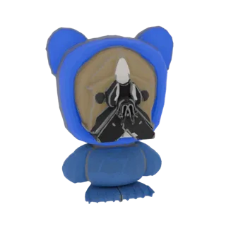 Modello 3D di un Bulldog Francese con cappuccio blu, viso color camoscio e accenti neri.