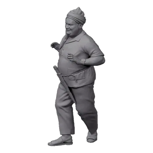 3D model of a smiling man wearing a traditional head wrap, tunic, and pants, with a dagger at his waist.