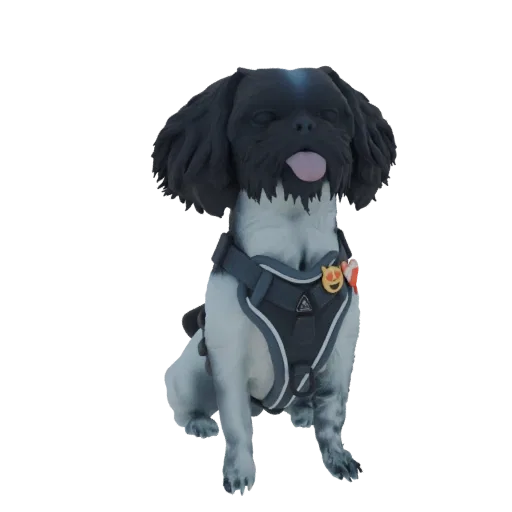 3D model of a cute small dog sitting, wearing a dark gray harness with a smiley face charm.