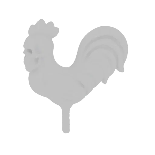 3D model render of a white rooster weather vane with a skull for its head, set against a black background.