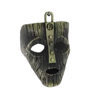Ein 3D-Modell-Rendering der Maske von Loki mit dunkler Holztextur und metallischen Akzenten, mit einer Schlaufe zum Aufhängen