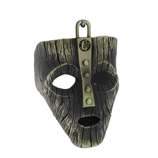 A 3D model render of The Mask of Loki, featuring a dark wood texture and metallic accents, with a loop for hanging.