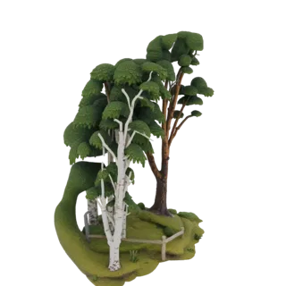 3D model of a miniature enchanted forest with a white birch tree, a pine tree, a wooden fence, and lush green terrain.