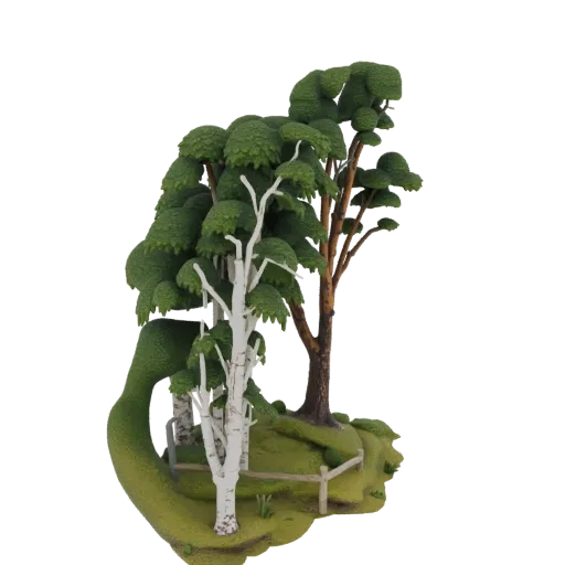 3D model of a miniature enchanted forest with a white birch tree, a pine tree, a wooden fence, and lush green terrain.