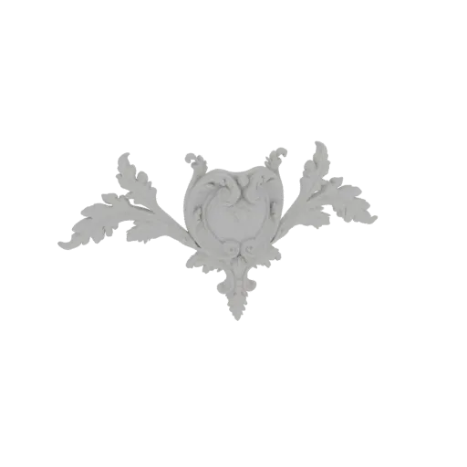 3D model of an ornate acanthus leaf scrollwork with a central shield and flowing leaves, rendered in white.