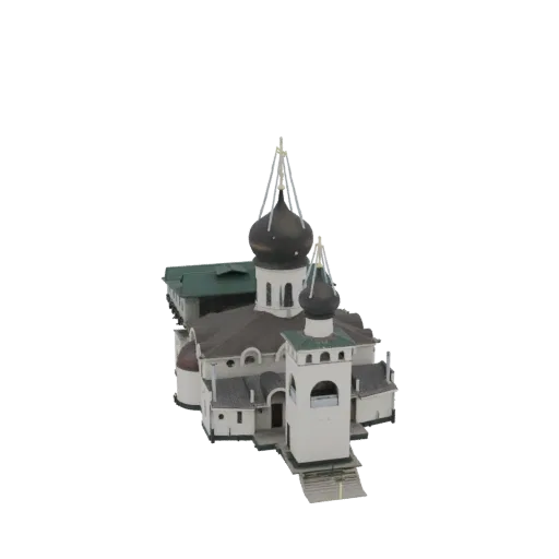 3D model of an Orthodox church with dark onion domes and a white bell tower, set against a black background.
