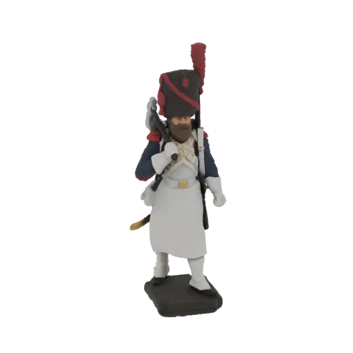 3D model of a French Grenadier soldier in uniform, holding a musket, on a dark base.