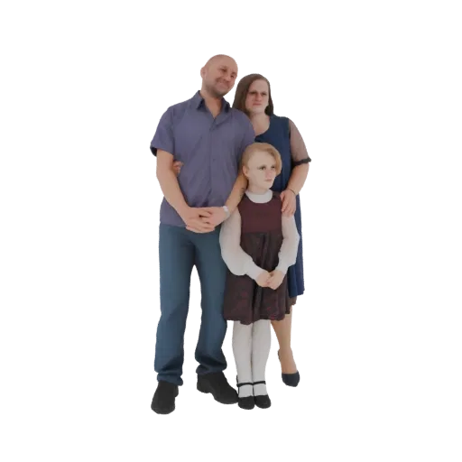 3D model of a family, including a father, mother, and daughter, standing together in a warm embrace.