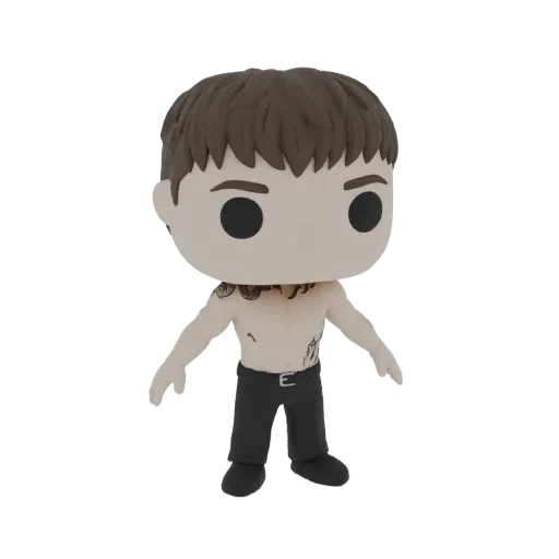 3D model of a tattooed man in a Funko Pop style, shirtless with black pants, against a white background.