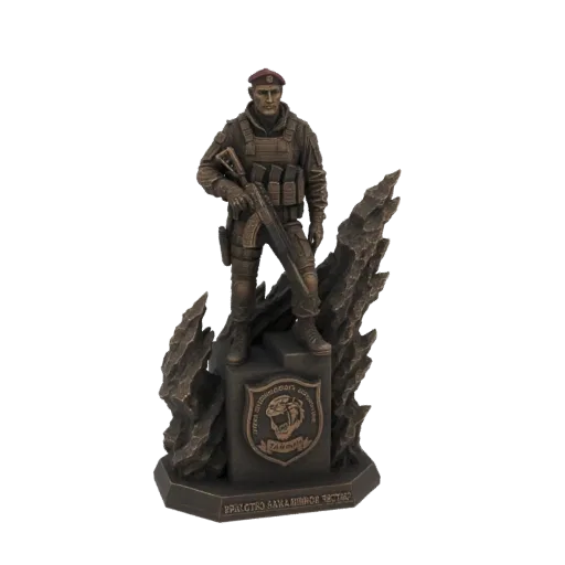3D model render of a Russian Spetsnaz soldier statue with a rifle and a tiger emblem on the base, presented in a bronze finis