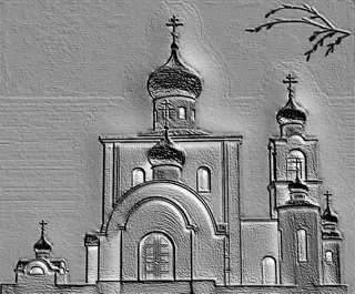 3D model of a Russian church bas-relief, showing domes, crosses, and engraving-like texture