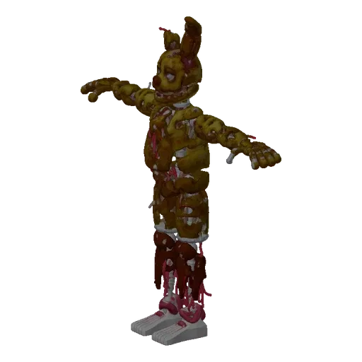3D model of Springtrap in a T-pose, showing his tattered yellow fur, exposed endoskeleton, and menacing grin against a white