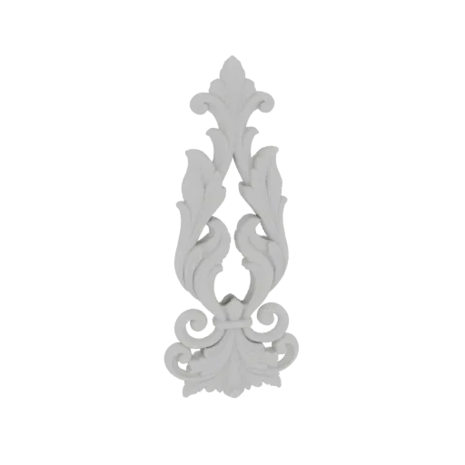 A white, ornate 3D model of an acanthus scroll accent with detailed leaf and volute patterns against a black background.