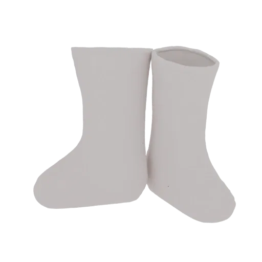 Modello 3D di una coppia di calzini bianchi in posizione verticale, che mostra le loro morbide pieghe e texture.