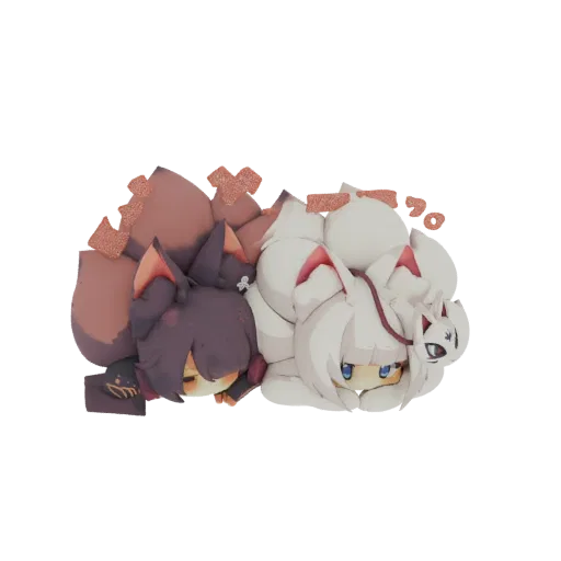 A 3D render of two cute, fluffy fox spirits, one dark-furred and one white-furred, cuddling together with their tails intertw