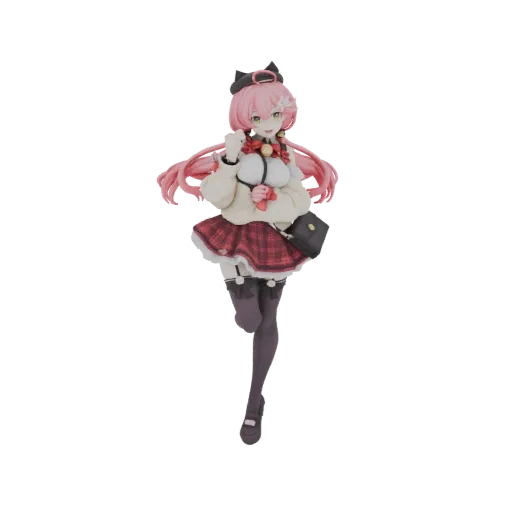 3D model of a pink-haired anime girl wearing a cream jacket, red plaid skirt, and black thigh-highs, holding a black handbag.