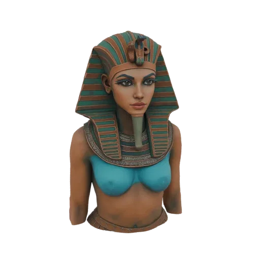 3D model bust of an Egyptian queen wearing a traditional nemes headdress and broad collar necklace.