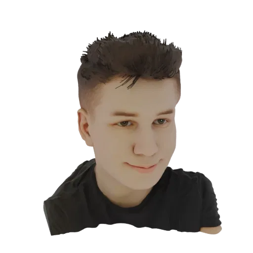 3D model render of a young man's bust with short brown hair and a black t-shirt, looking slightly to the side.