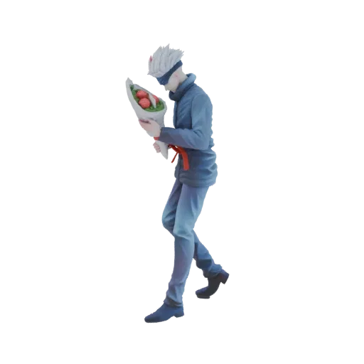 3D model of an anime character with white hair and a blindfold, walking and holding a bouquet of red flowers.