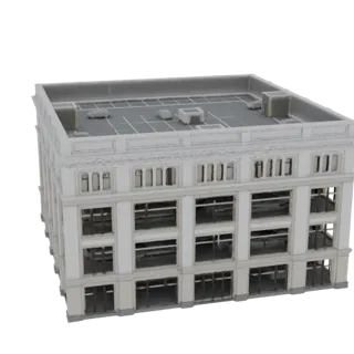3D model of a modern, multi-story office building with large windows and a flat roof, rendered against a black background.