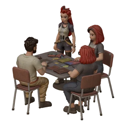 Modello 3D di un gruppo di persone sedute al tavolo che giocano a un gioco da tavolo, con personaggi e componenti di gioco de