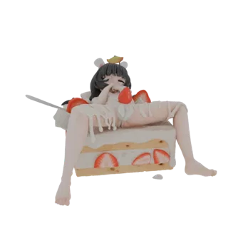 Modelo 3D de una linda chica anime con un atuendo blanco, tumbada sobre una porción de tarta de fresa con glaseado goteando.