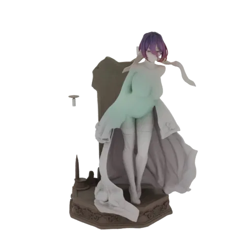 3D model of an ethereal maiden with purple hair, wearing flowing translucent garments, standing on an ornate base.