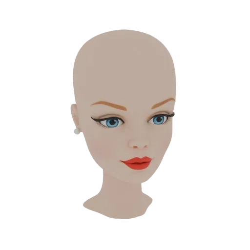 3D model of a stylized bald female head with blue eyes, red lips, and a pearl earring, against a white background.