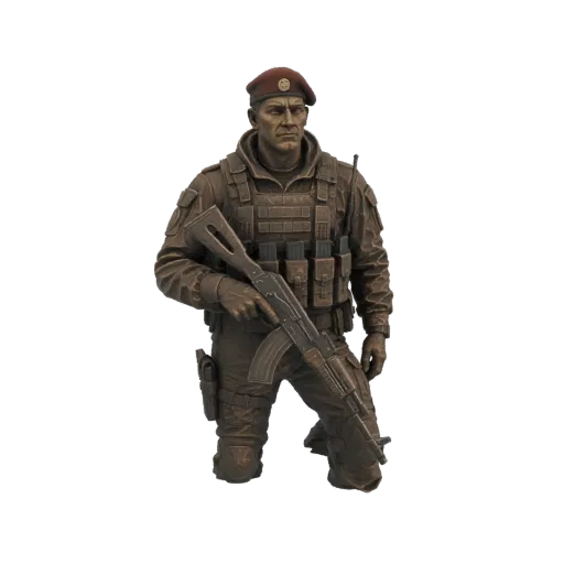 3D model of a bronze soldier wearing a beret and tactical vest, holding an AK-47 rifle, with a dark background.