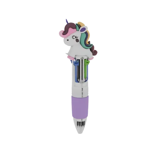 3D model of a white unicorn with a colorful mane sitting on top of a multi-color pen with a purple grip.