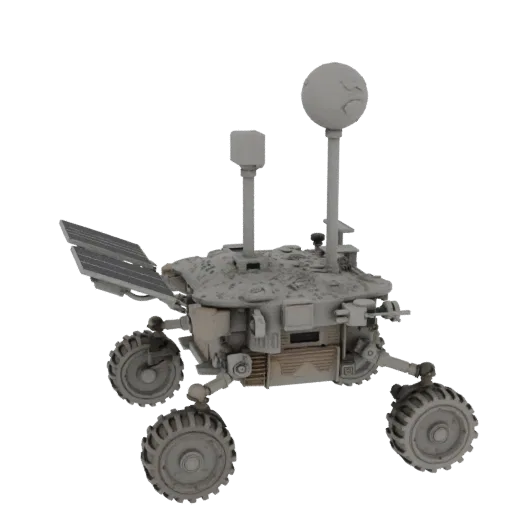 Lunar Planetary Rover Printable 3D model, isometric STL render, showing dusty wheels, vehicle stance.