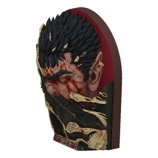 3D model bust of Guts from Berserk, showing his intense, blood-splattered face and spiky hair, with the name 'GUTS' on the ba