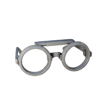 Round Goggles 3D model, three-quarter front view, Unity viewport, showing transparent lenses, face-worn scale.