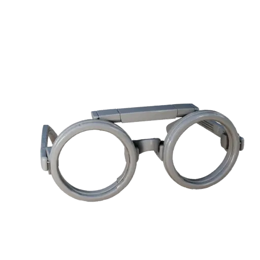 Round Goggles 3D model, three-quarter front view, Unity viewport, showing transparent lenses, face-worn scale.