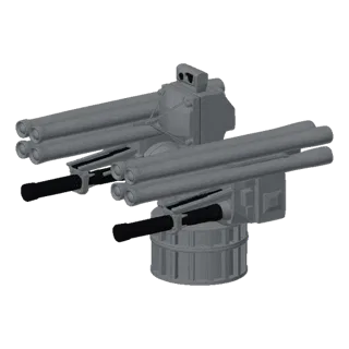 3D model of a futuristic turret with missile pods on the sides and Gatling guns, mounted on a segmented cylindrical base.