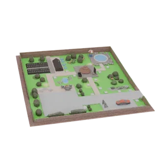 3D model of a modern backyard with a swimming pool, garden, gazebo, and an orange car.