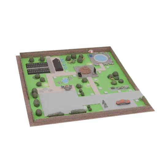 3D model of a modern backyard with a swimming pool, garden, gazebo, and an orange car.