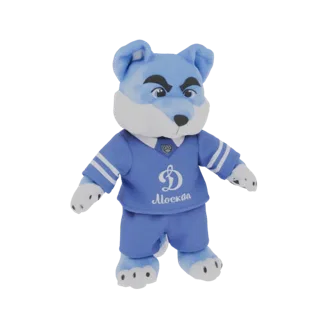 3D-Modell des Dynamo Moskau Wolf Maskottchens, ein blaues Plüschtier in Fußballuniform mit Teamlogo.
