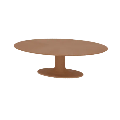 A 3D model of a modern oval coffee table with a single, thick pedestal base, presented in a warm wood finish against a black