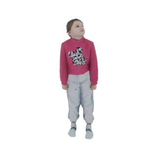 3D model of a young girl wearing a pink sweatshirt with a Mickey Mouse graphic and white track pants, looking upwards.