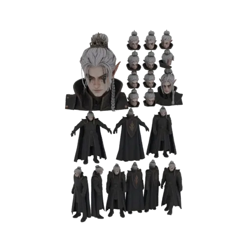 3D model of a Dark Elf Noble with white hair, dark makeup, wearing an ornate dark cloak and armor, shown from multiple angles