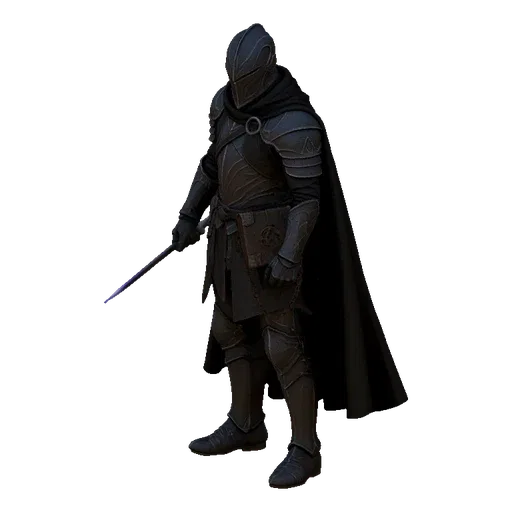 3D model of a dark knight scholar in black armor, holding a glowing staff and an ancient book, with a black cape.