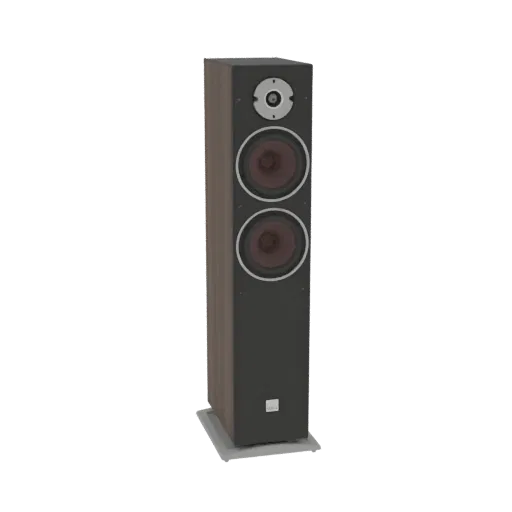 Modelo 3D de un altavoz de pie DALI Oberon 5 con gabinete de chapa de madera y conos de altavoz rojo-marrón, mostrado sobre u