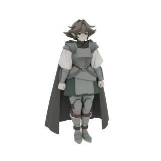 3D-Modell eines Anime-Ritters in grauer Rüstung, grüner Tunika und dunklem Umhang, stehend vor weißem Hintergrund.