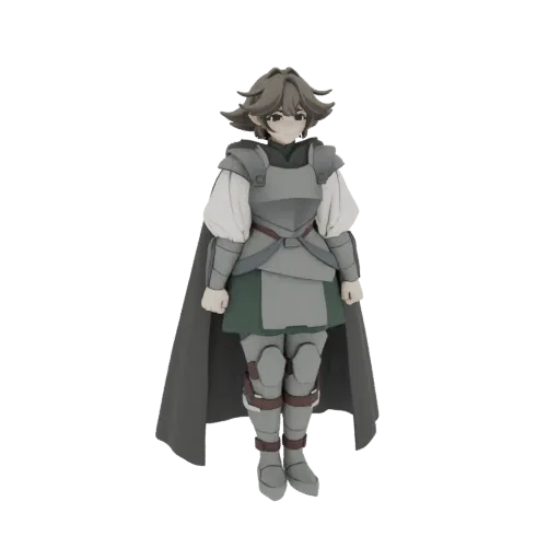 3D model of an anime-style knight wearing grey armor, a green tunic, and a dark cape, standing against a white background.