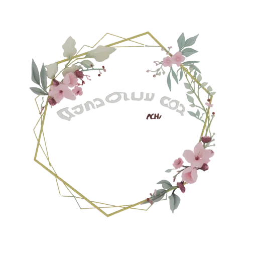 3D render of a geometric golden wreath with pink flowers, green leaves, and Hebrew text in the center.