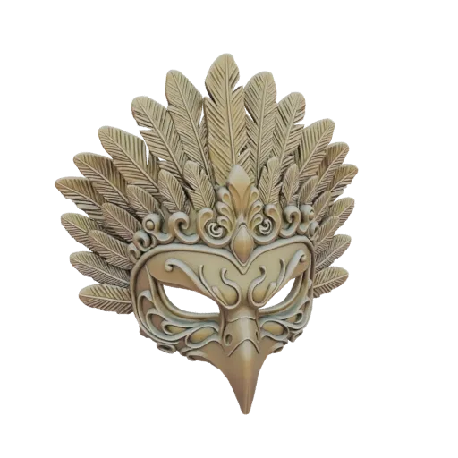 A 3D render of a golden mask with a bird-like beak and a headdress of detailed feathers, set against a white background.