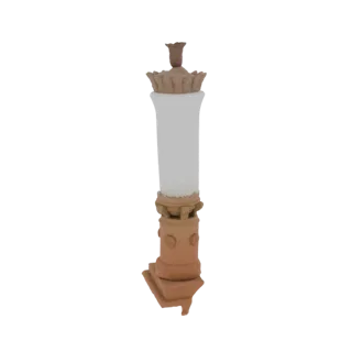 Un modello 3D di un lampione ornamentato in terracotta con paralume in vetro satinato e base dettagliata, presentato su uno s
